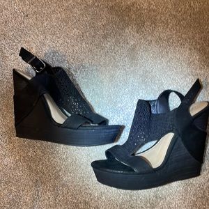Gianni Bini Black Suede Cutout Wedges